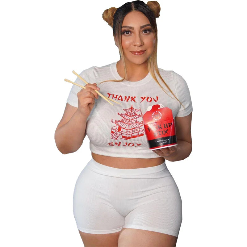 Chinese Takeout Plus Size Women’s Clothing Two Piece Set - O-Neck T-Shirt and Shorts Homewear Outfit