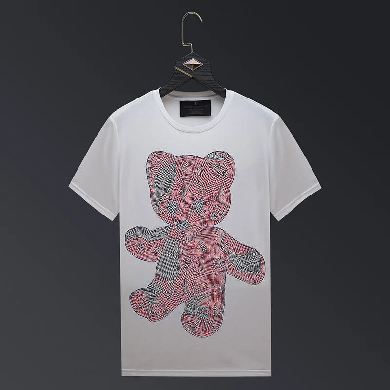 2024 Cartoon Bear Rhinestone T-Shirts - Short Sleeve Fashion Streetwear, Crew Neck Slim Cotton, Plus Size 6X