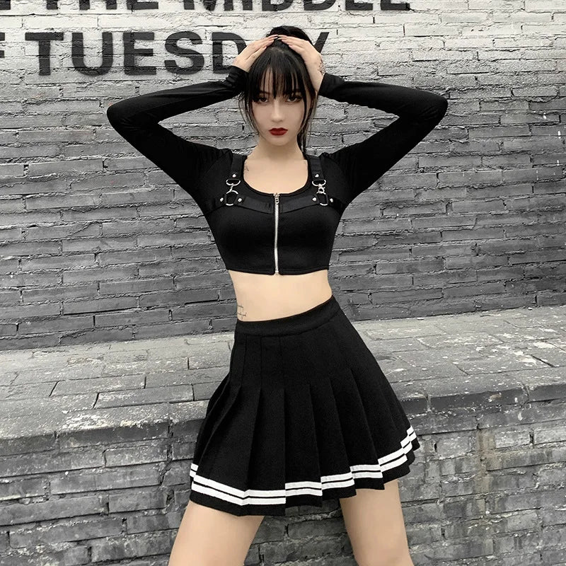 Vintage Korean Style Patchwork Skirt – Harajuku JK Black Pleated Mini Skirt, Gothic Streetwear High Waist Women’s Punk Skirt