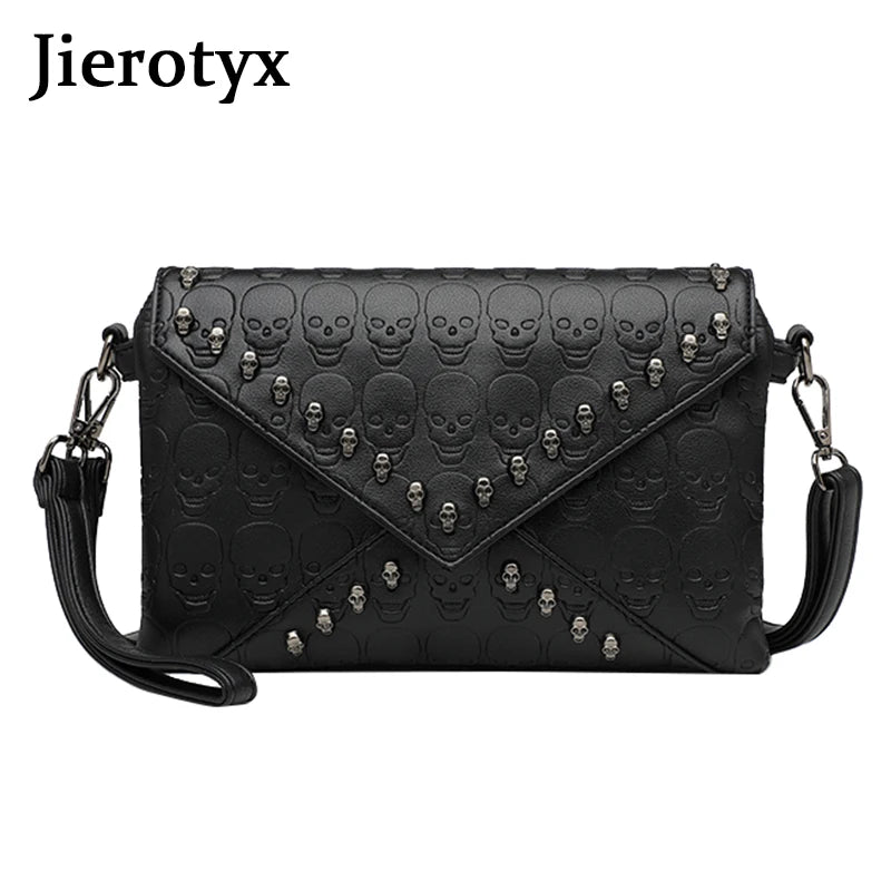 Women's Fashion Tote Skull Prints And Skull-Shaped Rivets Messenger Travel Crossbody Black Punk Handbags