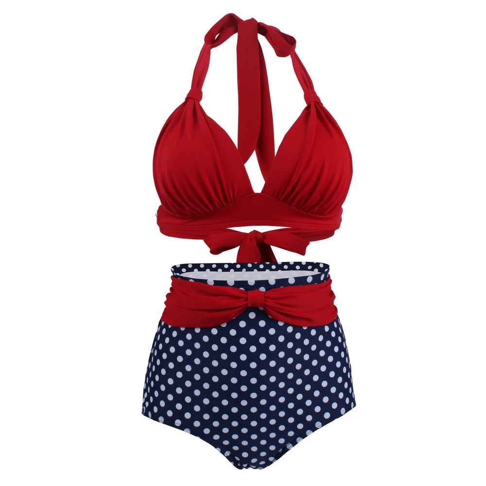 Pleated Bikini Set | Red Top with Navy Blue and White Dots Bottom | Women’s Classic High Waist Halter Bikini | Plus Size Two-Piece Swimwear