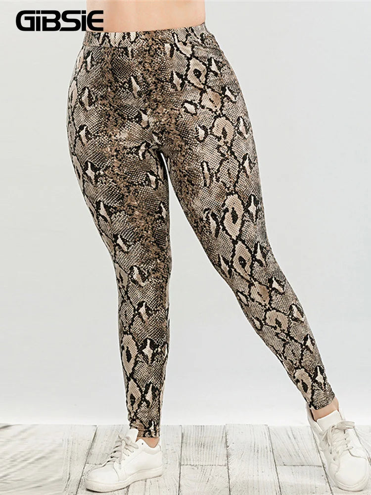 GIBSIE Plus Size Snake Print Slim Leggings - Women's Casual Streetwear High Waist Skinny Leggings for Spring/Summer