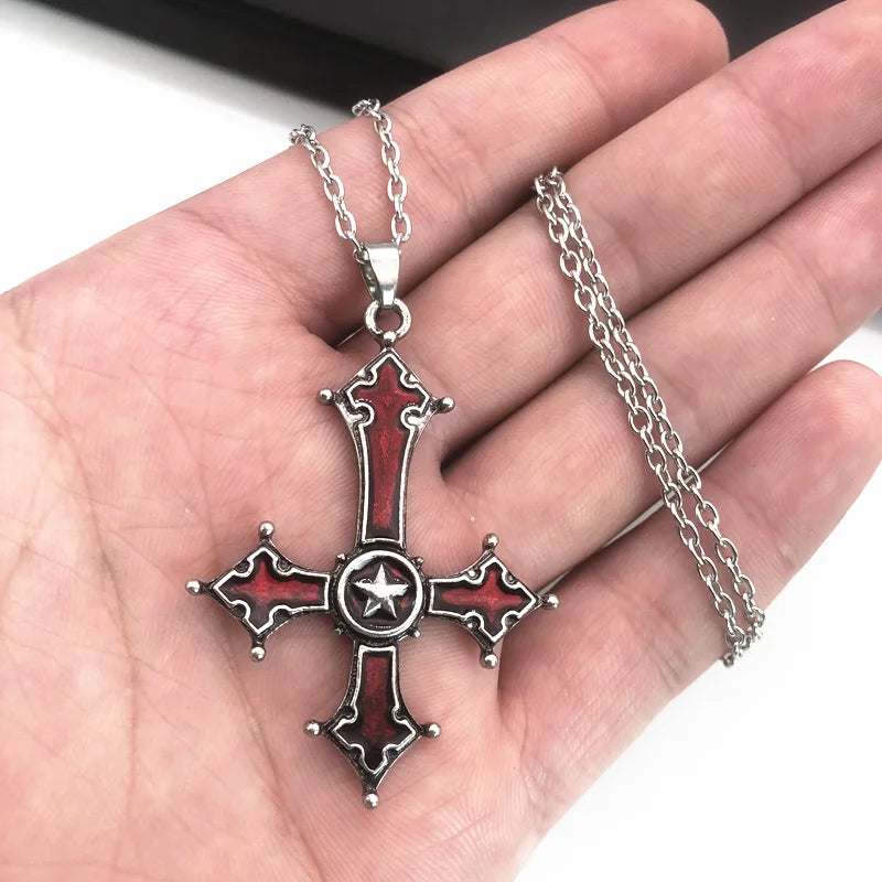 Red Bloody Inverted Cross Pendant Necklace - Vintage Gothic Cross Pendant Satanic Cross Jewelry