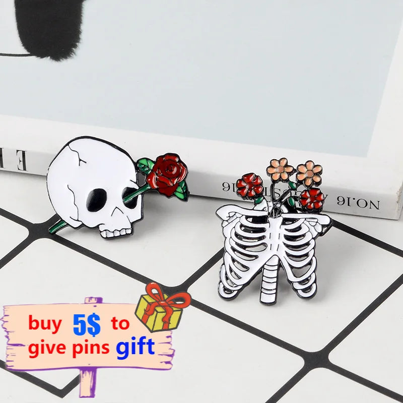 Skeleton with Flowers Enamel Pins Rib Cage and Skull with Flowers Brooch Halloween Pin Badges Goth Punk Jewelry Gift for Friends