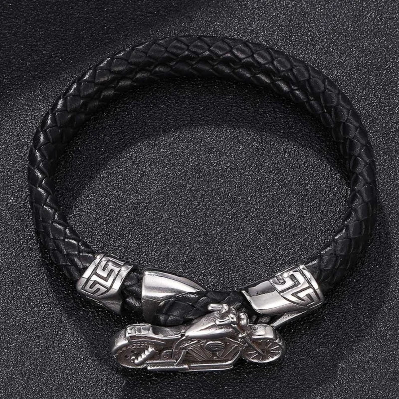 Creative Leather Woven Bracelet with Metal Motorcycle Design – Men's Punk Rock Party Jewelry Gift