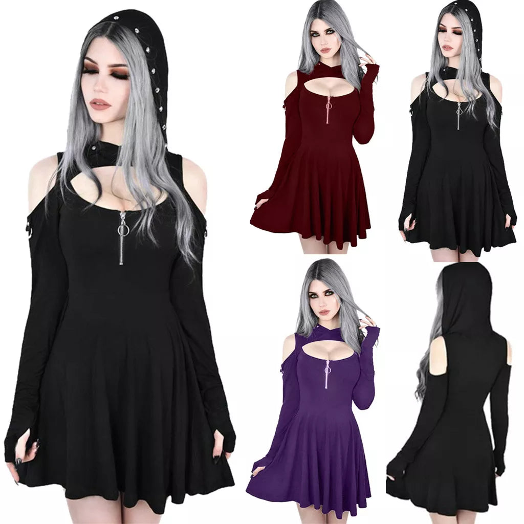 Gothic Hoodie Dress - Sexy Goth Spring Long Sleeve Hooded Dress with Low Cut, Pleated Hollow Off Shoulder Design, Streetwear 5XL