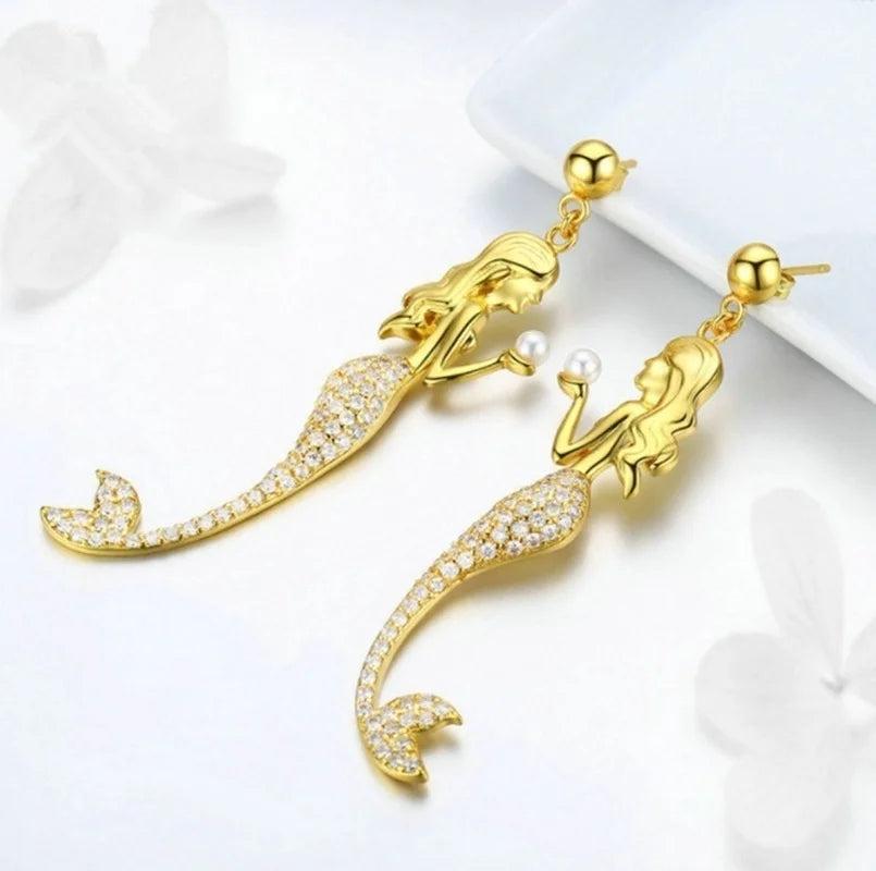 Sweet and Romantic Zircon Mermaid Long Earrings, Exquisite Fashion Jewelry