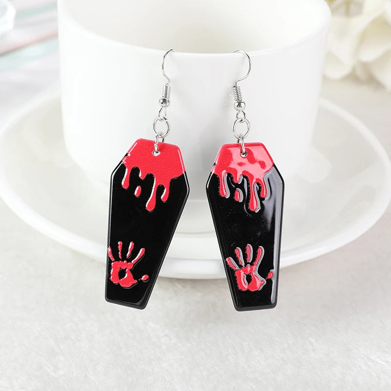 1 Pair Horror Blood Bat Coffin Drop Earrings – Acrylic Creepy Halloween Gifts for Women Jewelry