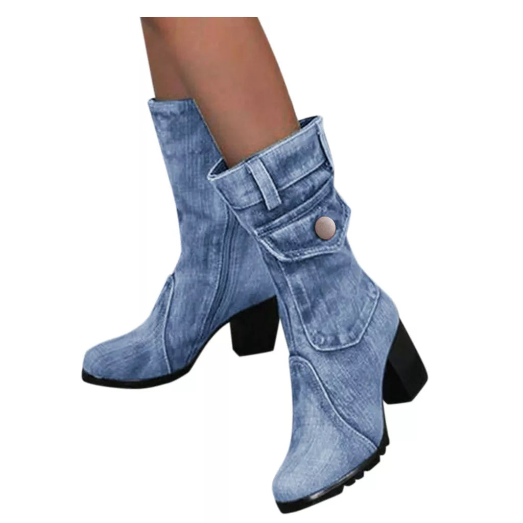 Blue jeans boots Women's Mid-rise Rome Solid Slip-On Chunky Med Heels Boots wild vintage Large Size Ladies shoes