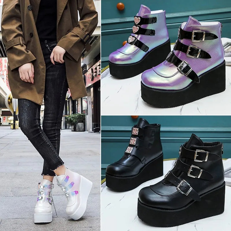 Gothic Winter Buckle Ankle Boots: Punk Platform Boots for Women, featuring Wedges High Heels, ideal for the Edgy Fashion Enthusiasts.