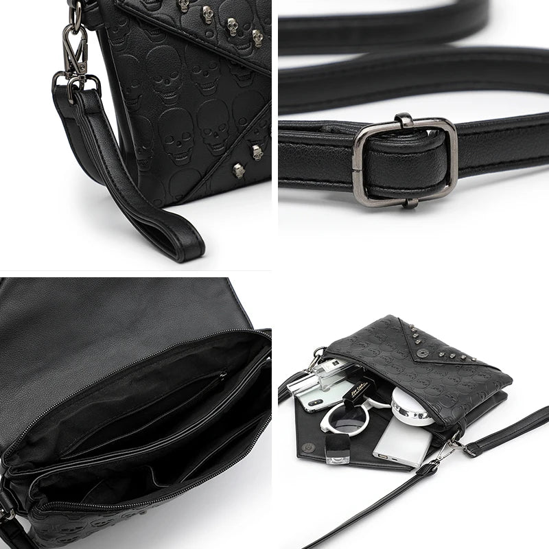 Women's Fashion Tote Skull Prints And Skull-Shaped Rivets Messenger Travel Crossbody Black Punk Handbags