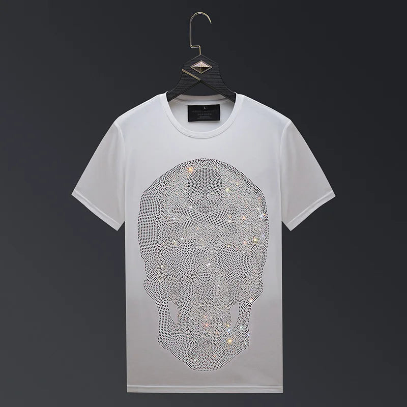 Plus Size Men’s Rhinestone Skull T-Shirt - 2024 Summer Streetwear O-Neck Slim Fit Short Sleeve