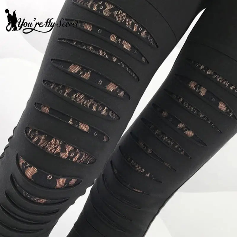 [You're My Secret] Shredded Leggings For Women Gothic Lace Workout Leggings Mid-Waist Slim Sexy Leggins Fitness Outside Legins