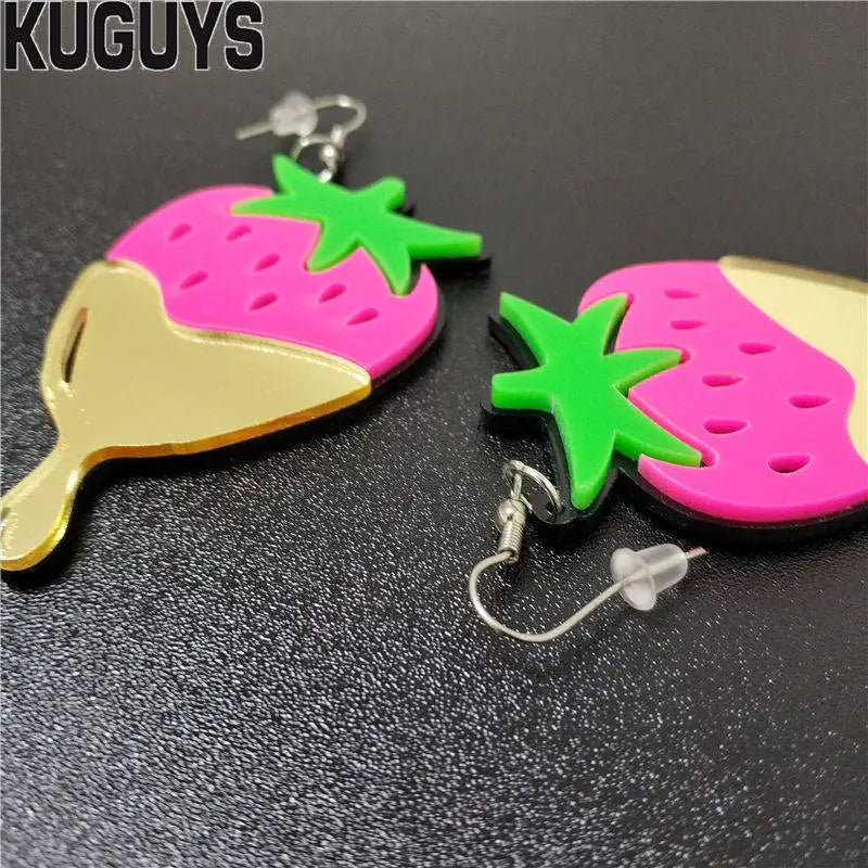 KUGUYS Cute Strawberry Acrylic Earrings | Trendy Fruit Jewelry Accessories for Women