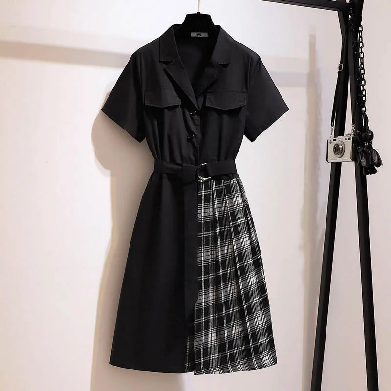 Plus Size Women’s Summer Asymmetric Plaid Dress - Notched Waist Black Dress