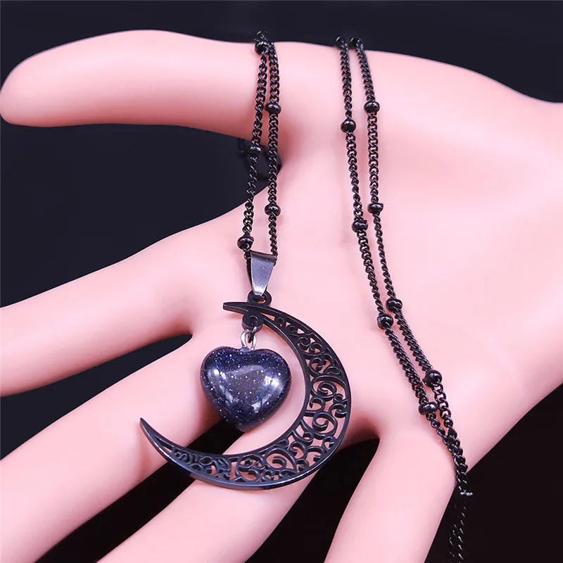 Black Stainless Steel Natural Stone Charm Necklace - Women's Moon Heart Jewelry