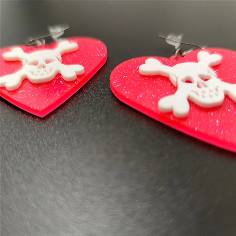 Peach Heart Skull Halloween Drop Earrings | Glitter Rose Red White Skeleton Jewelry for Women