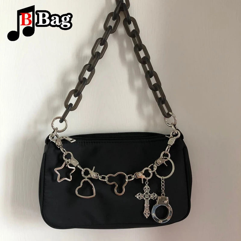 Women’s Gothic Punk Underarm Bag with Metal Charms and Chain Accents | Satchel Style Handbag