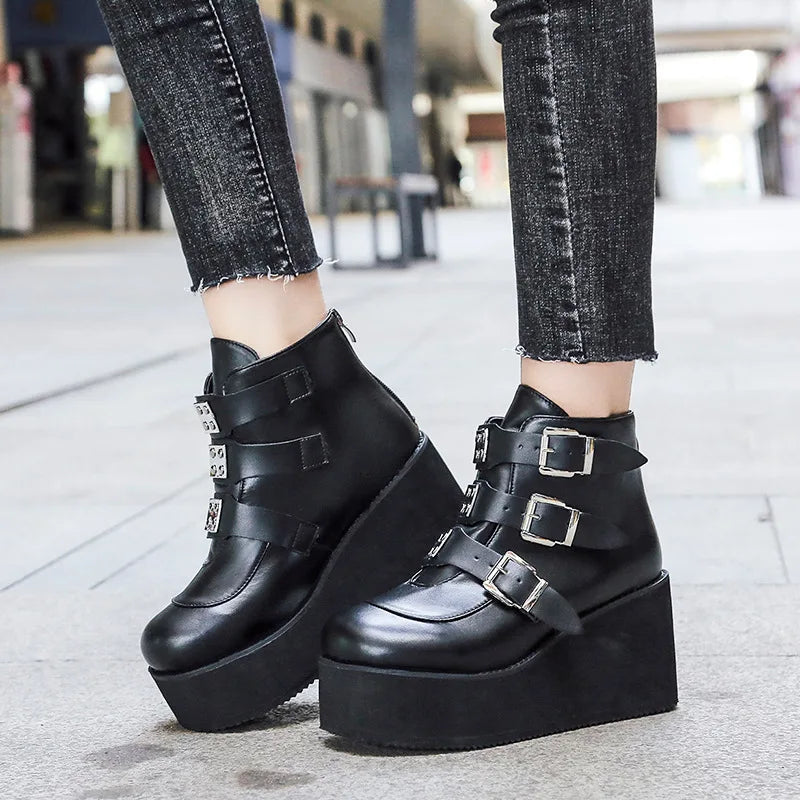 Gothic Winter Buckle Ankle Boots: Punk Platform Boots for Women, featuring Wedges High Heels, ideal for the Edgy Fashion Enthusiasts.