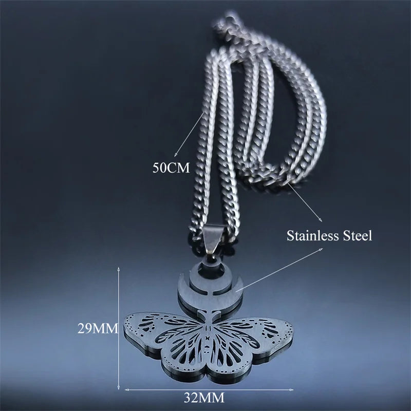 Goth Crescent Moon Butterfly Snake Stainless Steel Black Necklace