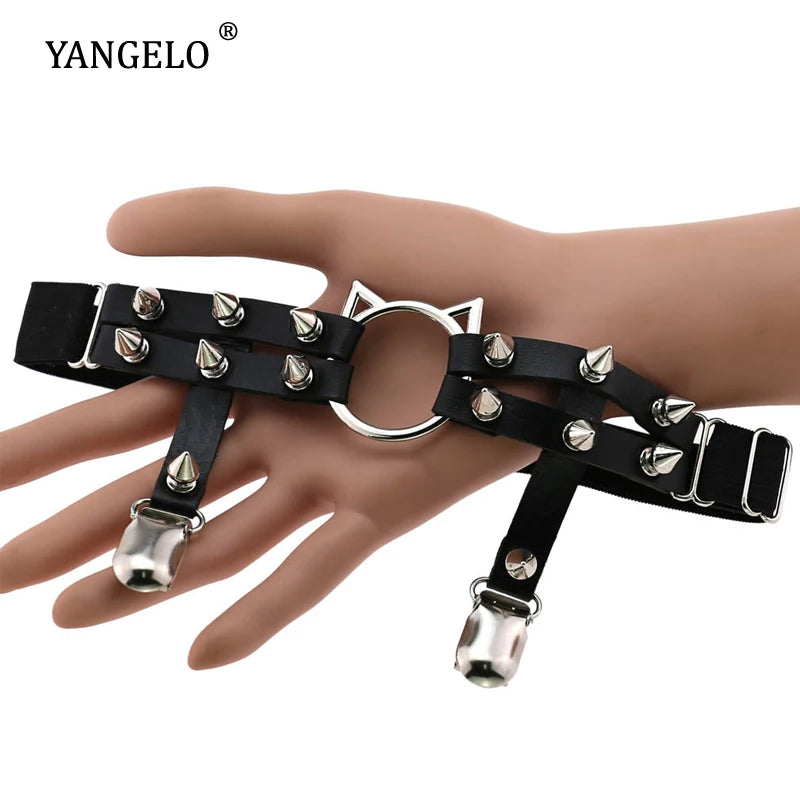 Yangelo Harajuku Gothic Cat Head Leather Handmade Rivet Leg Ring Foot Ring Garter Belt Personality Girl Punk Accessories Women