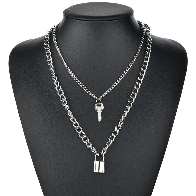 Cute Punk Goth Style Simple Chain Link Lock Pendant Necklaces