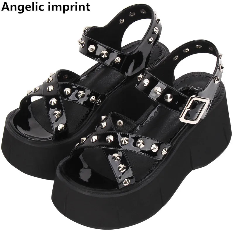 Angelic imprint woman mori girl lolita cosplay punk shoes lady high heels pumps women princess summer dress sandals 8cm rivets