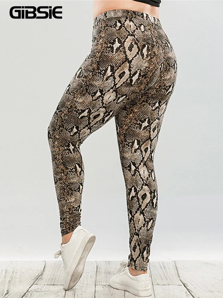 GIBSIE Plus Size Snake Print Slim Leggings - Women's Casual Streetwear High Waist Skinny Leggings for Spring/Summer