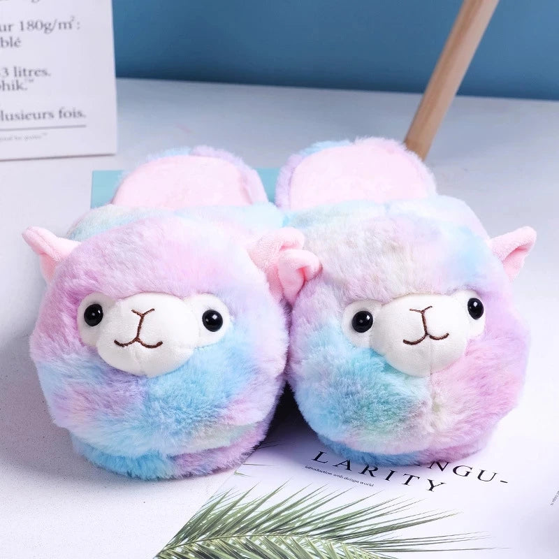 Cute Cartoon Alpaca Indoor Slippers for Women – Winter Home Floor Shoes with Warm Faux Fur, Soft Sole Slides