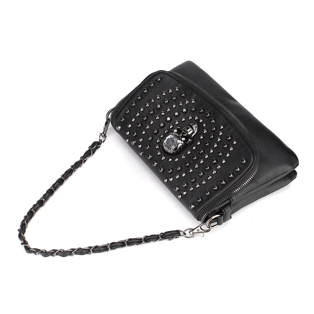 Annmouler Designer Women Shoulder Bag Black Medium Size Crossbody Bag Punk Stud Skull Handbag Purse with Chain Zipper Female Bag