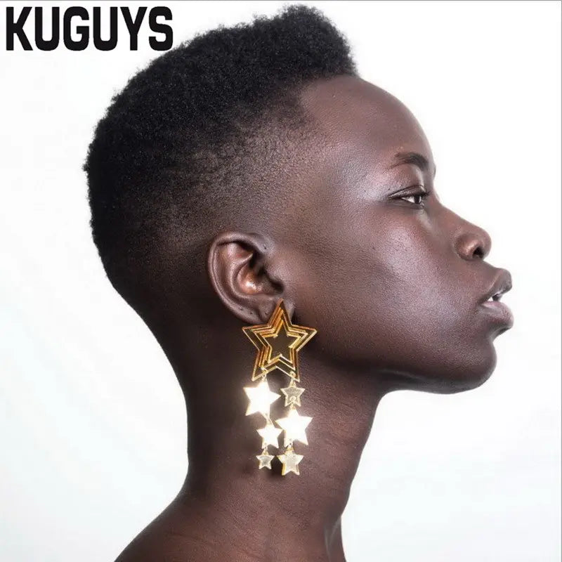 KUGUYS Golden Mirror Acrylic Star Long Drop Earrings - Trendy Fashion Accessories for Women