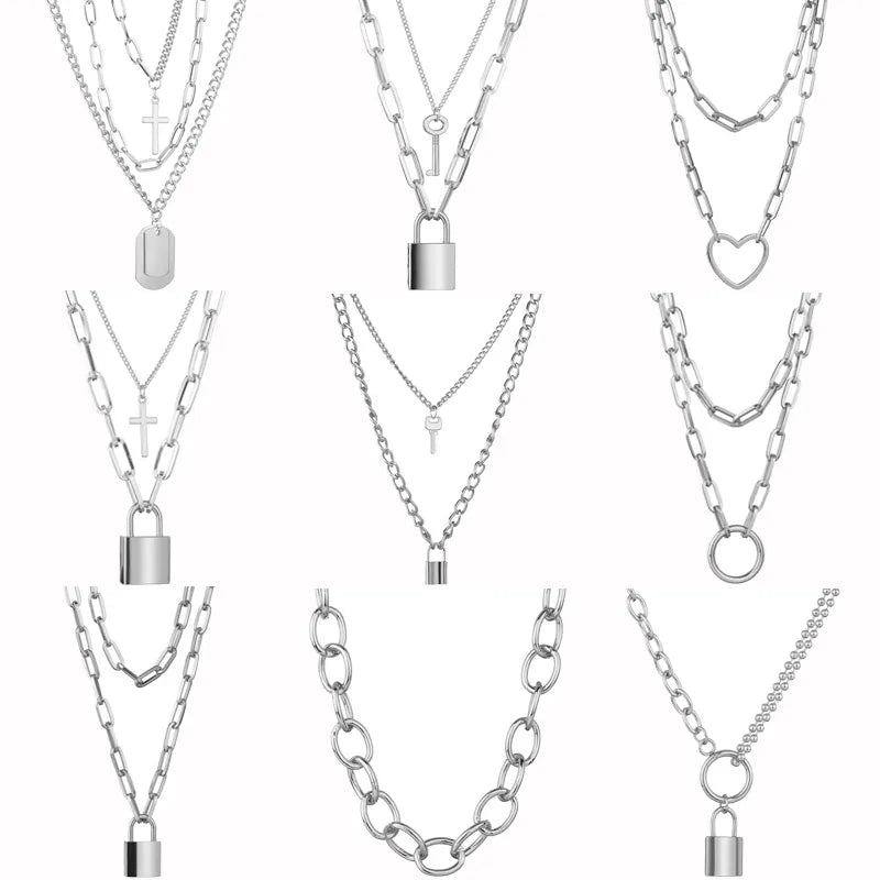 Cute Punk Goth Style Simple Chain Link Lock Pendant Necklaces