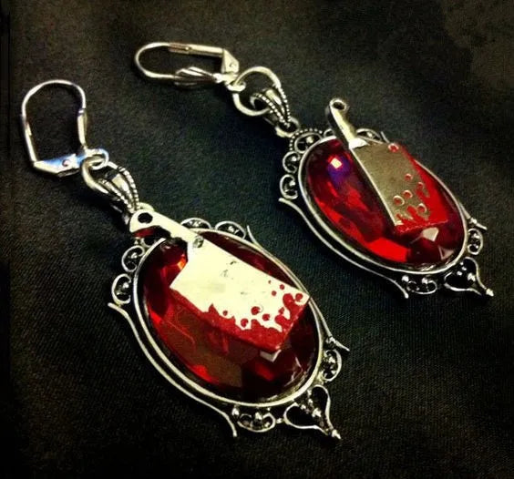 Gothic Bloody Meat Cleaver Earrings – Creepy Halloween Jewelry, Haunted Gothic Accessories