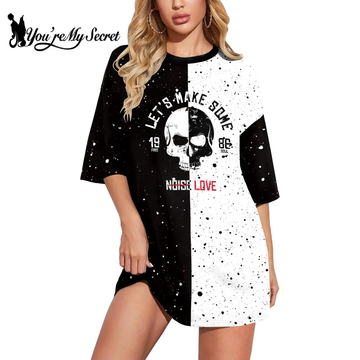 [You're My Secret] Harajuku Loose Long T-Shirts for Women Gothic Streetwear Short Sleeve Tees Skull Printed Casual Female Tops