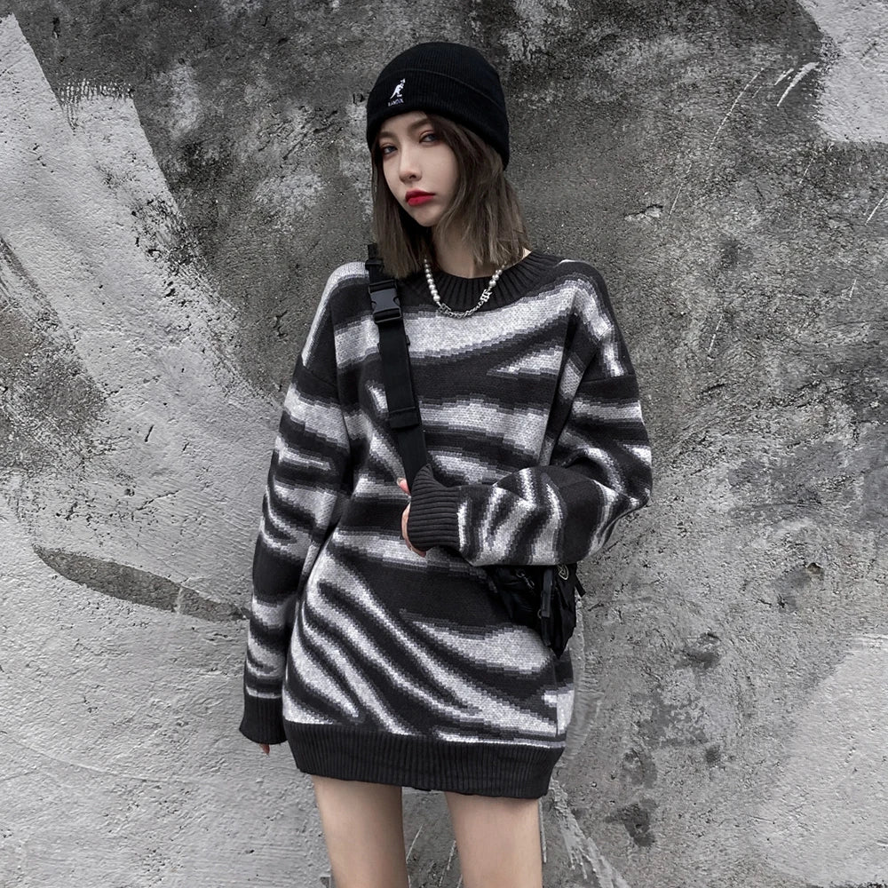 Striped Zebra Print Gothic Long Sleeve Sweater - Black Winter Punk Goth Plus Size Women's Fashion Top