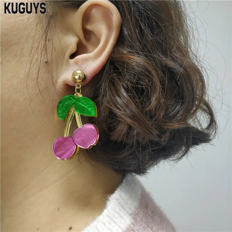 Cute Red Pink Cherry Dangle Earrings for Girls Women - Mirror Acrylic Drop, Trendy Jewelry Fashion Accessories by KUGUYS