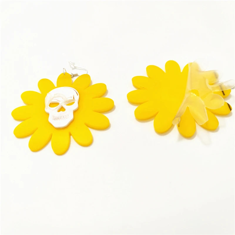 Sunflower Skull Dangle Earrings | Yellow White Acrylic Jewelry for Women | Halloween Punk Rock Accessories