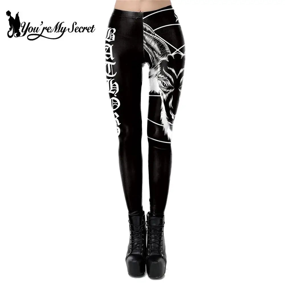 [You're My Secret] 2022 Fashion Women Legging Gothic Ouija Leggings Satan Goat Head Workout Pants Mid Waist Black Slim Legings