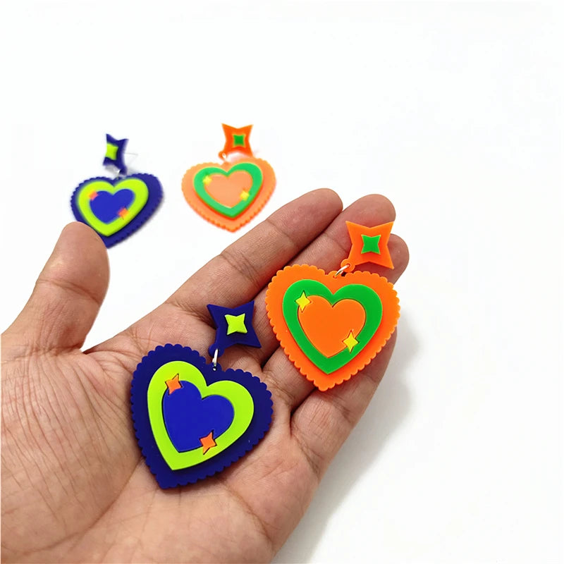 KUGUYS Orange Blue Heart Star Drop Earrings | Cute Romantic Acrylic Jewelry Accessories for Women