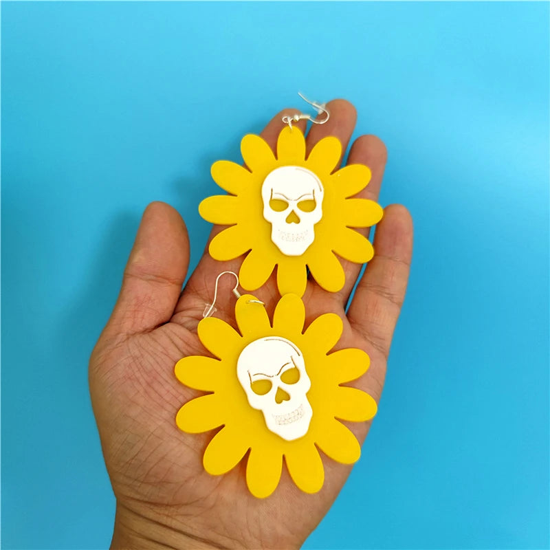 Sunflower Skull Dangle Earrings | Yellow White Acrylic Jewelry for Women | Halloween Punk Rock Accessories