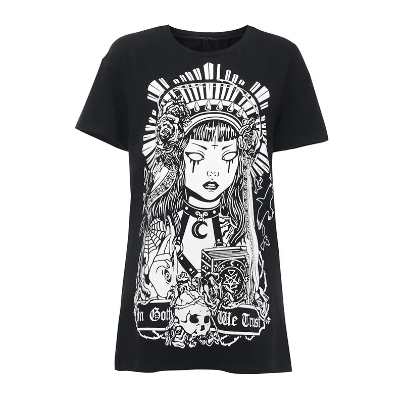 Summer Fashion Cartoon Character Harajuku Dark Girl Series Printed Witch Short-sleeved Loose Korean Street Sexy Women's T-shirt