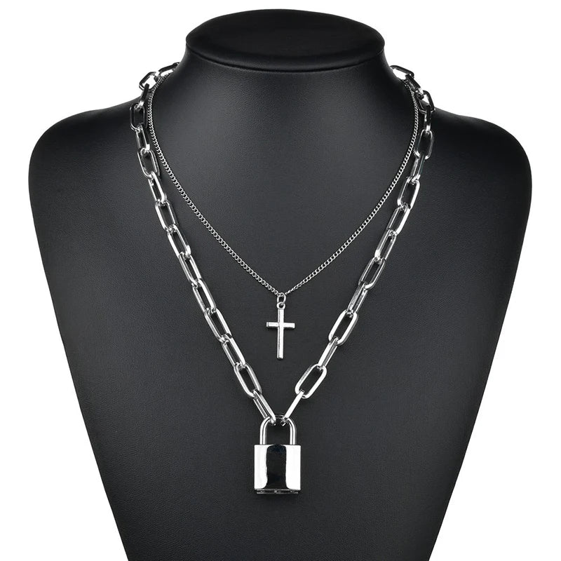 Cute Punk Goth Style Simple Chain Link Lock Pendant Necklaces