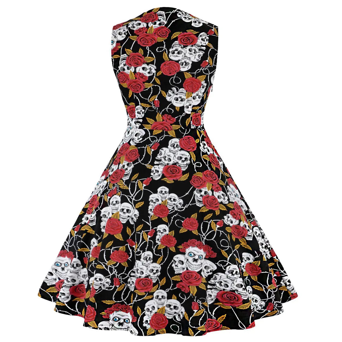 2024 Skull Print Halloween Party Midi Dress - Retro Vintage Swing Rockabilly Dot Floral Patchwork Casual Holiday Tea Dress in 4XL-5XL