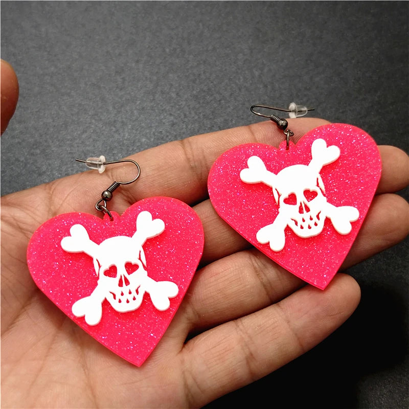 Peach Heart Skull Halloween Drop Earrings | Glitter Rose Red White Skeleton Jewelry for Women