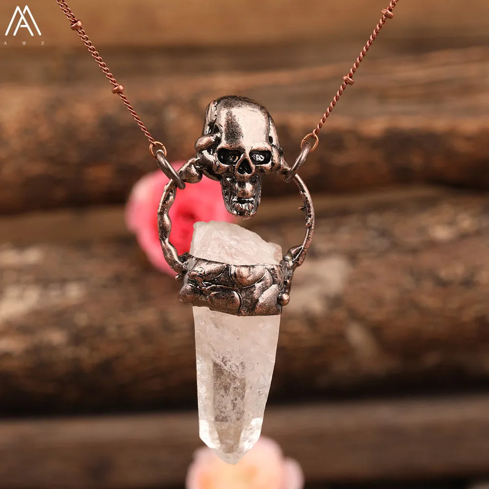 Natural White Quartz Crystal Point Pendant Healing Necklace – Unique Stone Beads and Bronze Chain Jewelry for Women