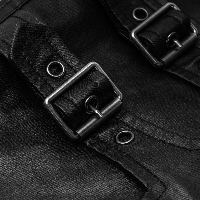 PUNK RAVE Men's Punk Imitation Leather Handsome Pants Daily Casual Zipper Bag Decoration Men Fashion Pencil Trousers Street Wear