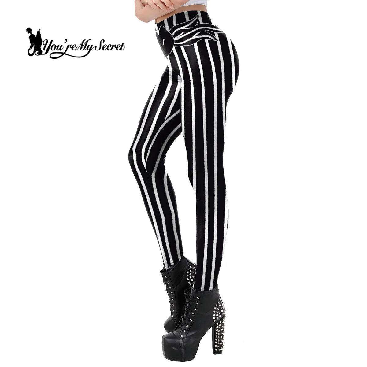 [You're My Secret] Black and White Stripes High Waist Coloring Pattern Women's Pant Halloween Soft Fabric Leggings Women Fitness