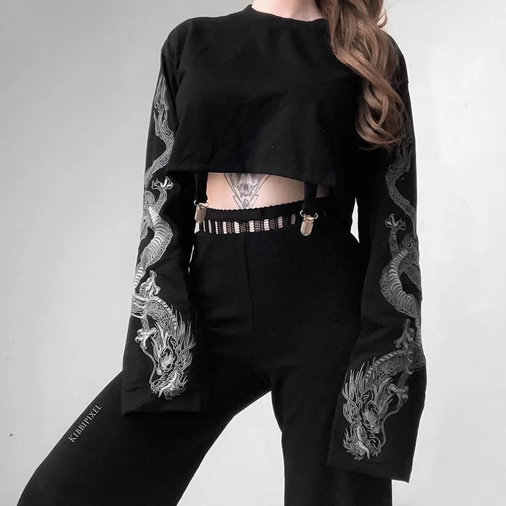 Women Punk Gothic O-Neck Sweatshirts Top Dragon Print Full Sleeve Loose Pullovers Fashion Hip Hop Short Sweatshirts Moletom