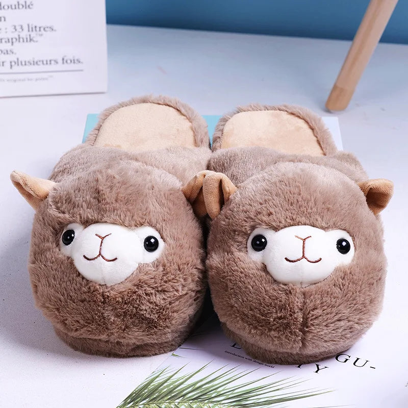 Cute Cartoon Alpaca Indoor Slippers for Women – Winter Home Floor Shoes with Warm Faux Fur, Soft Sole Slides