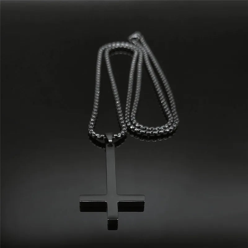 Stainless Steel Upside Down Cross Witchcraft Pagan Necklace - Inverted Cross Black Chain Necklace Jewelry, Model N8374S03